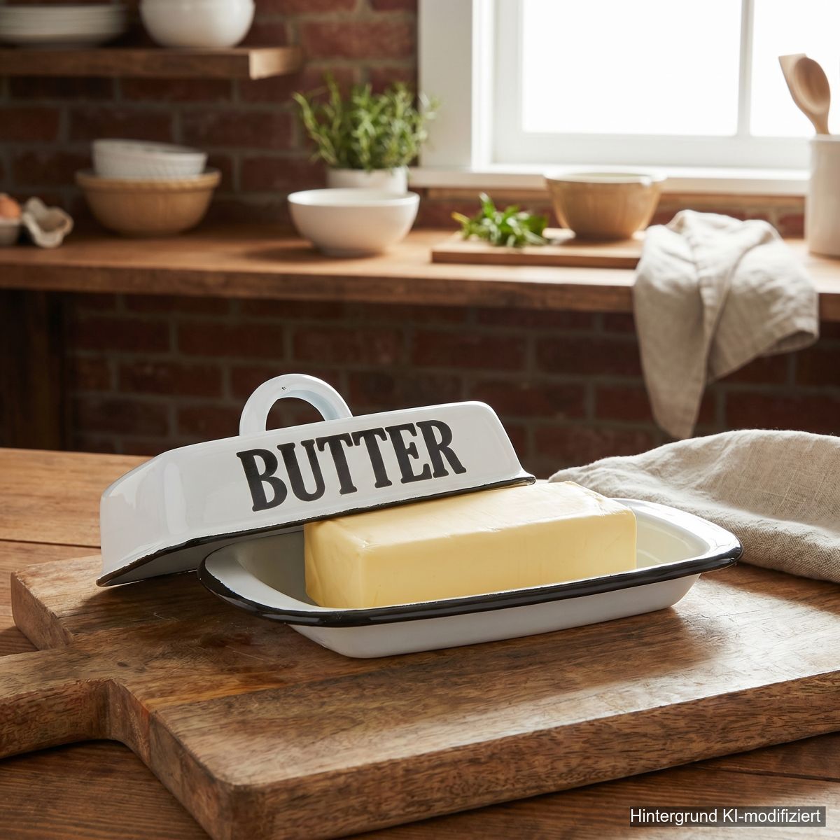 Butterdose aus Emaille in Antikweiß