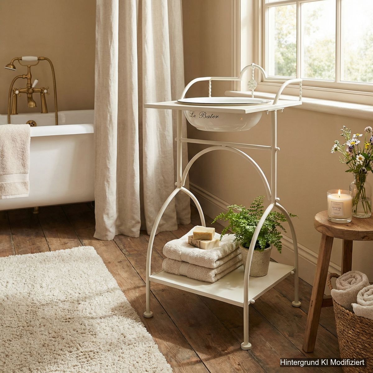 Waschschüssel mit Stand - eckig in Beige