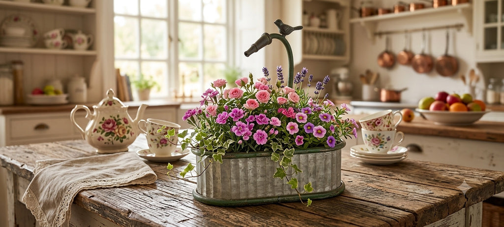 Vintage Metall Pflanzgefäß im Shabby Chic & Landhausstil -Wasserhahn Blumentopf