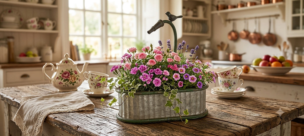 Vintage Metall Pflanzgefäß im Shabby Chic & Landhausstil -Wasserhahn Blumentopf