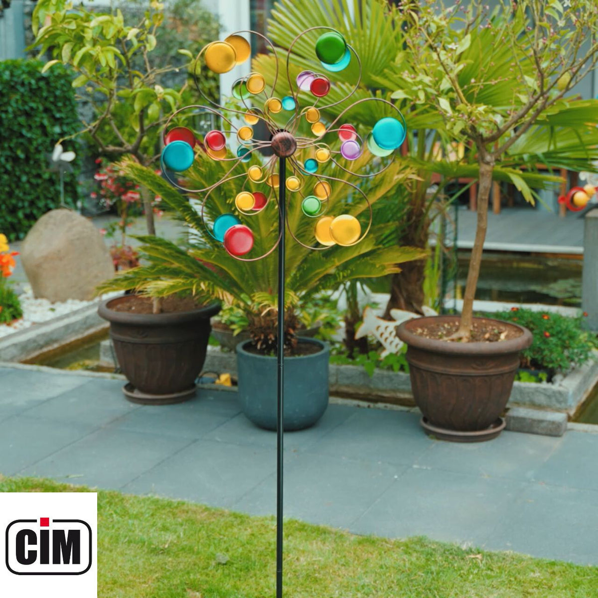 CIM Doppelwindrad Fantasy Gartendeko Ø48cm x 175cm wetterfest Metall Rainbow