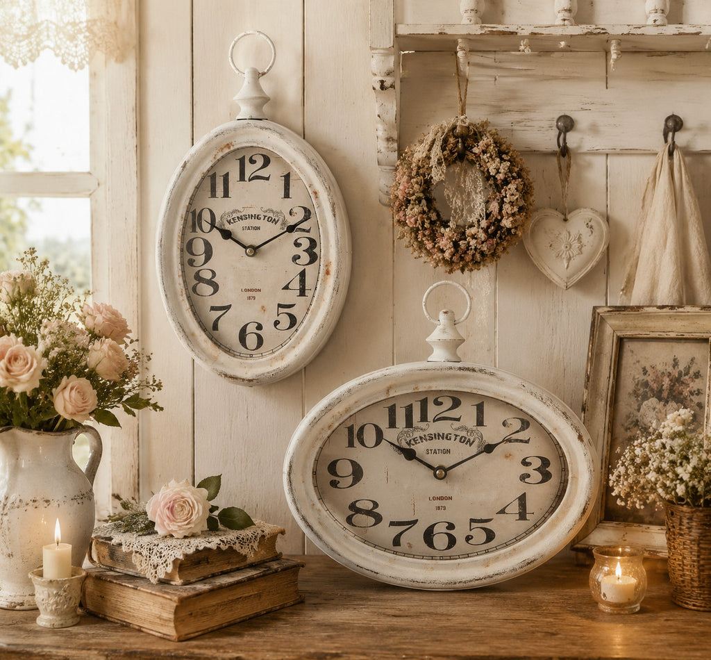Vintage Wanduhr Metall Antikweiß 2 Größen Landhaus Shabby Chic Uhr Kensington