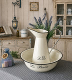 Waschtisch mit Set Emaille Waschschüssel LE BAIN und Krug Nostalgie pur Bad Deko