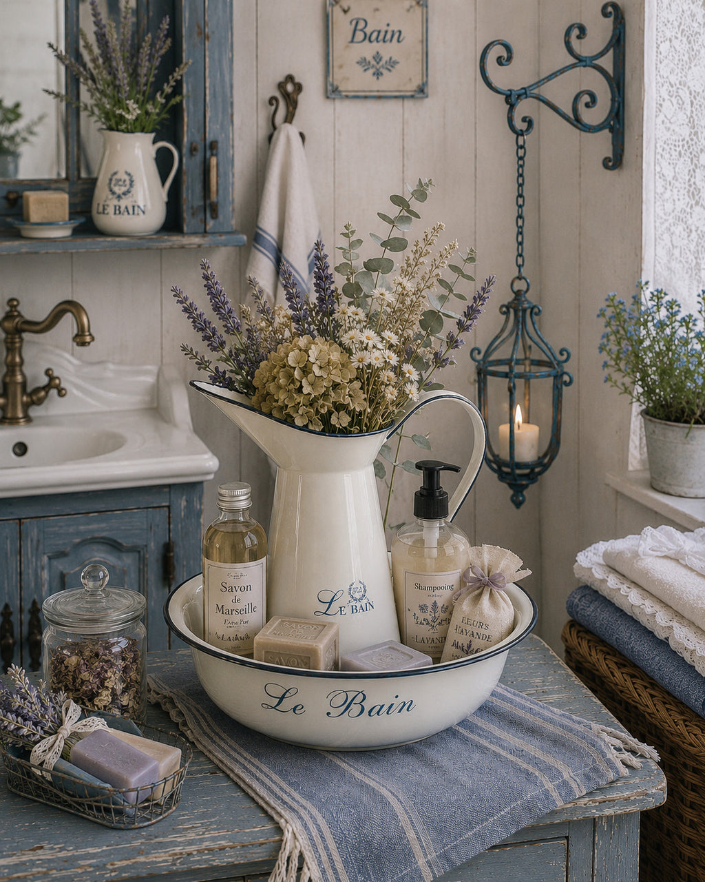 Waschtisch mit Set Emaille Waschschüssel LE BAIN und Krug Nostalgie pur Bad Deko
