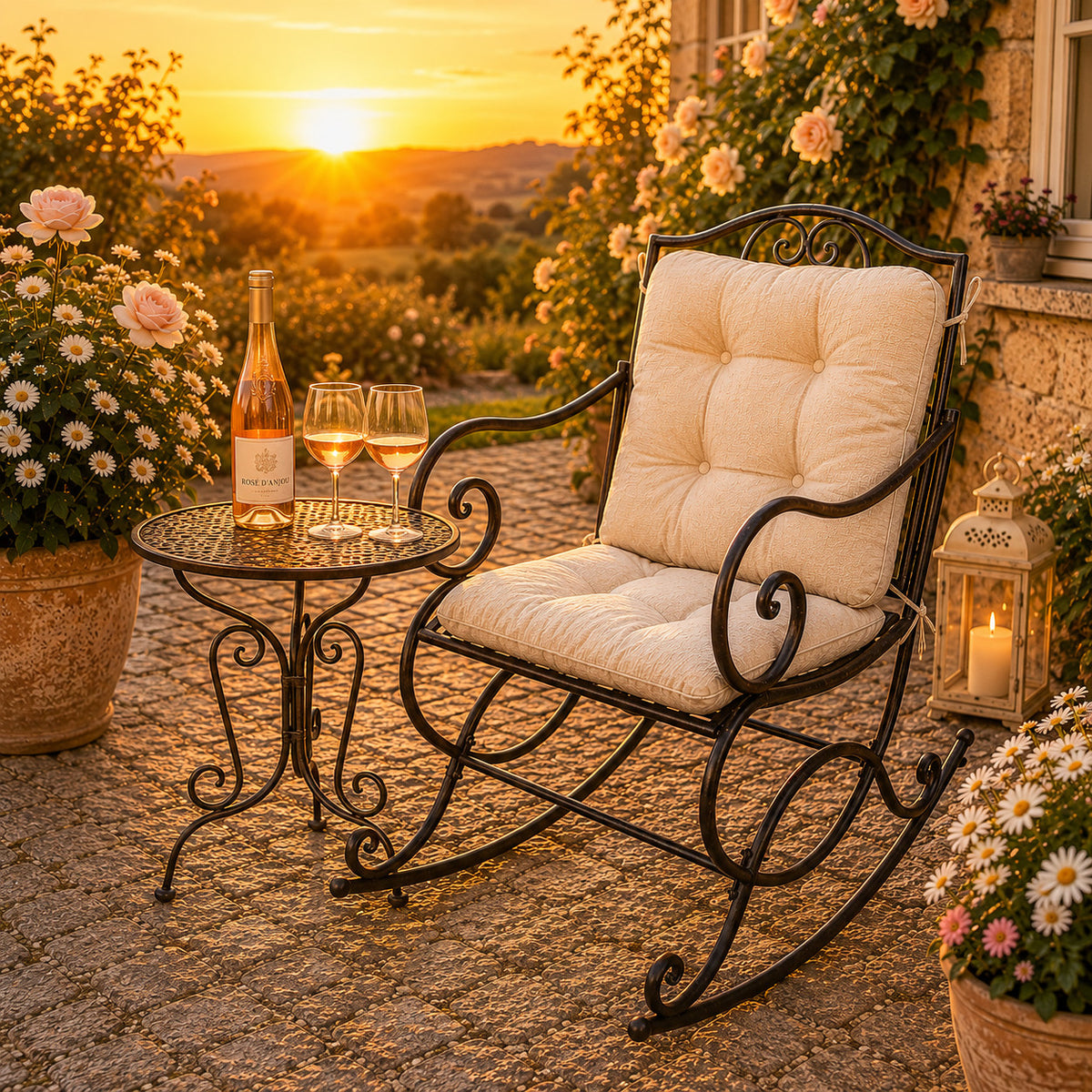Romantischer Schaukelstuhl Metall Antikweiß Landhaus Garten Terrasse Vintage