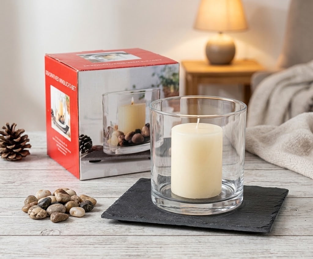 Windlicht Glas Schiefer Untersetzer mit Steinen Kerzenhalter Deko Geschenk 10x10