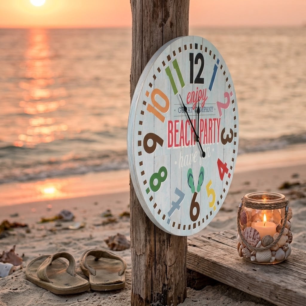 xxl Wanduhr 59 cm Beach Party MDF Neu Shabby Chic Vintage