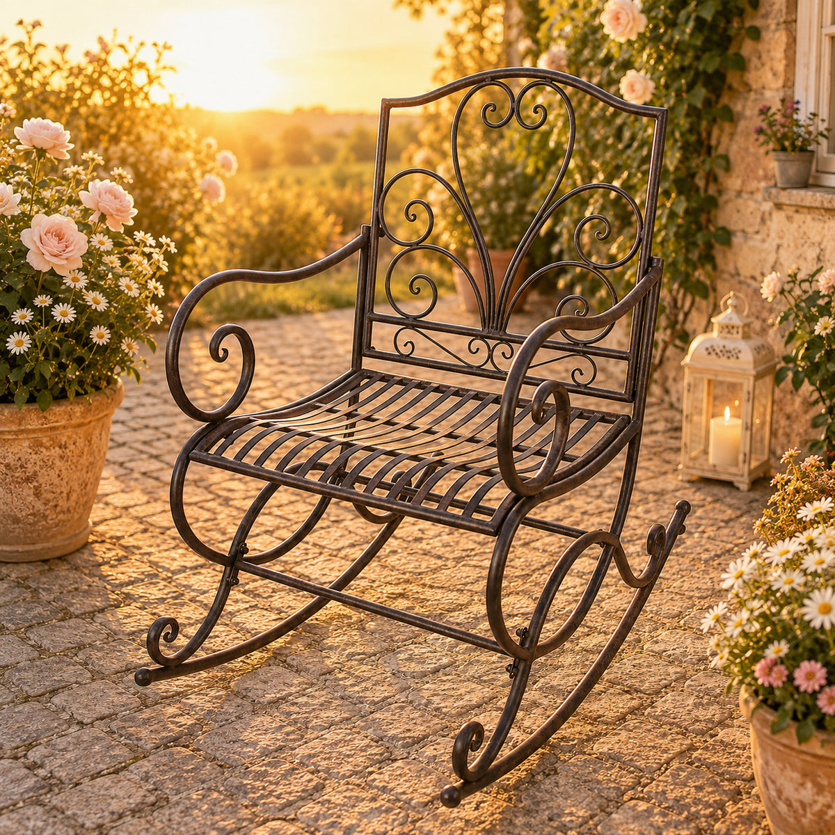 Romantischer Schaukelstuhl Metall Antikweiß Landhaus Garten Terrasse Vintage