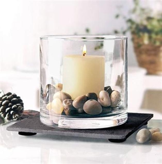 Windlicht Glas Schiefer Untersetzer mit Steinen Kerzenhalter Deko Geschenk 10x10