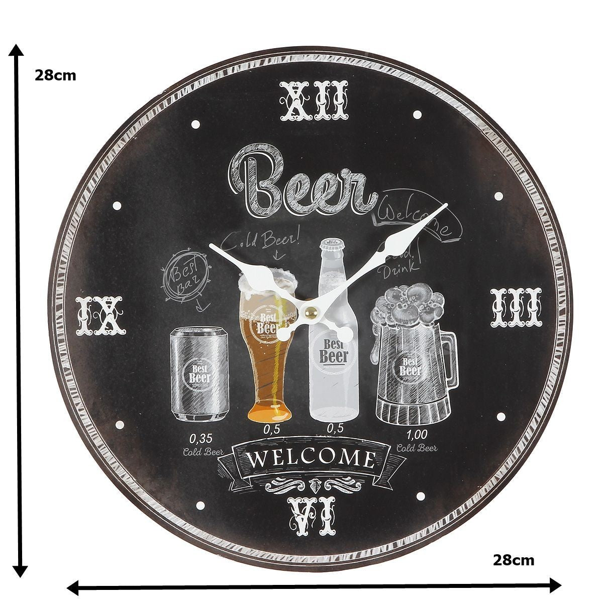 Wanduhr 28cmØ BEER WELCOME Vintage Deko Küchenuhr Bier Pub Bar  Retro stumm Deko