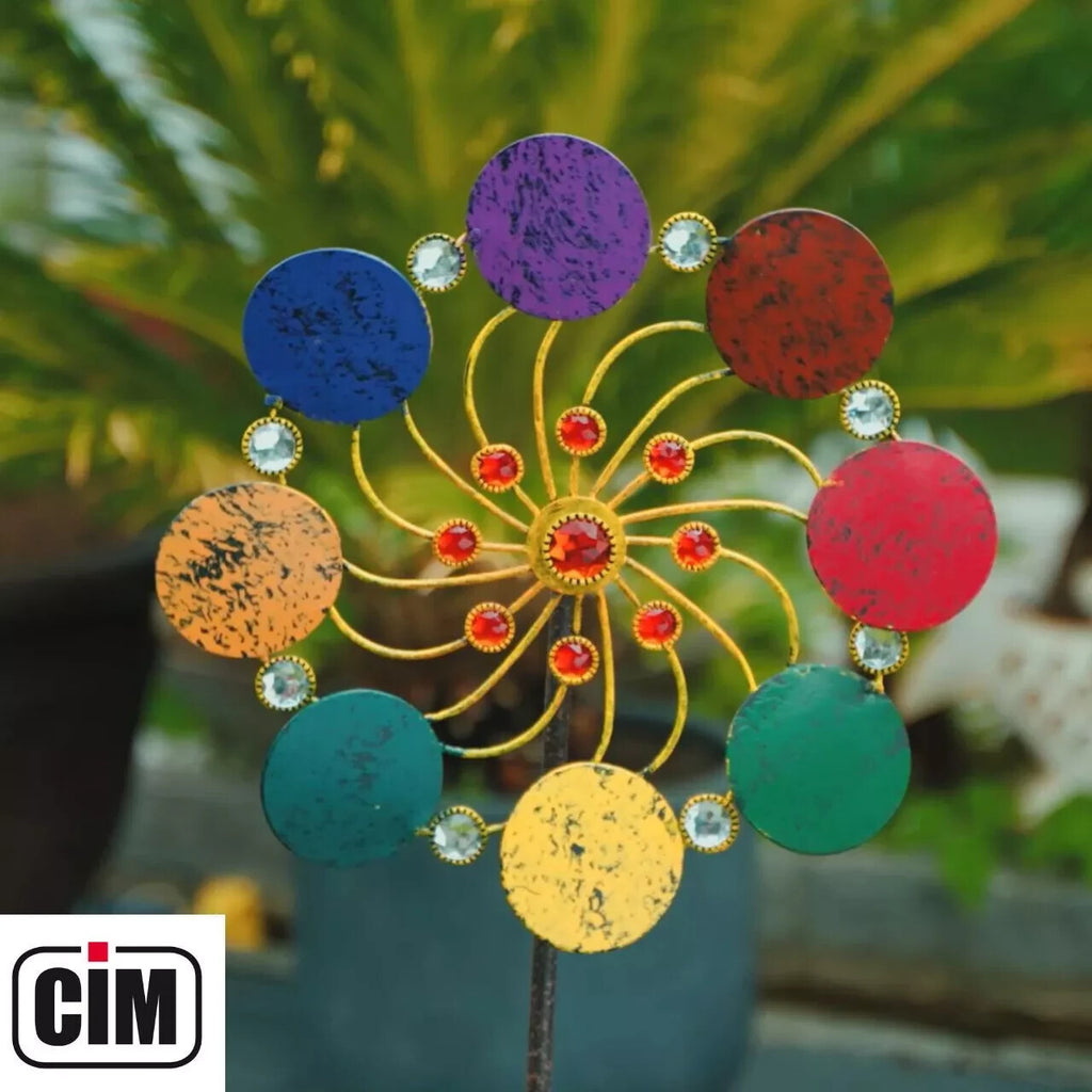 Exotic Flower Rainbow Ø34cm Metall Windspiel Windrad Deko Gartenstecker H:122cm