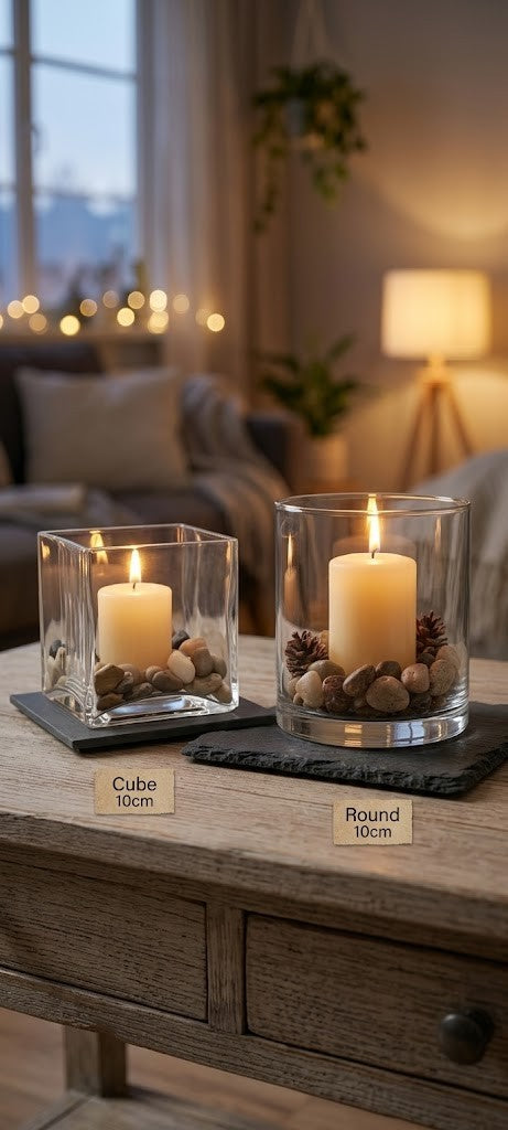 Windlicht Glas Schiefer Untersetzer mit Steinen Kerzenhalter Deko Geschenk 10x10