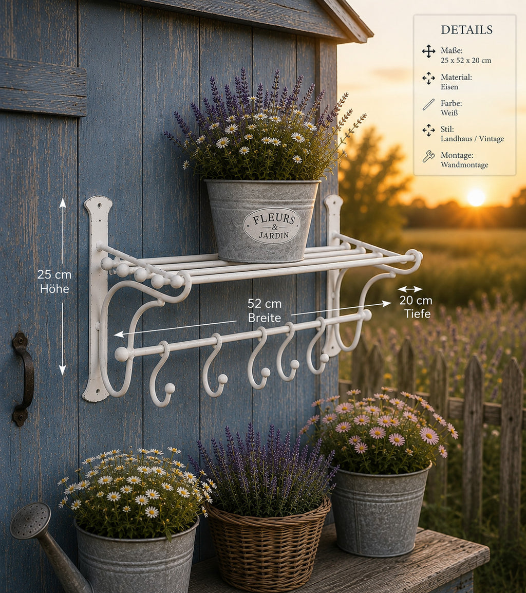 Wandgarderobe Antikweiß Eisen Landhausstil Vintage mit 5 Haken Regal Geschenkide