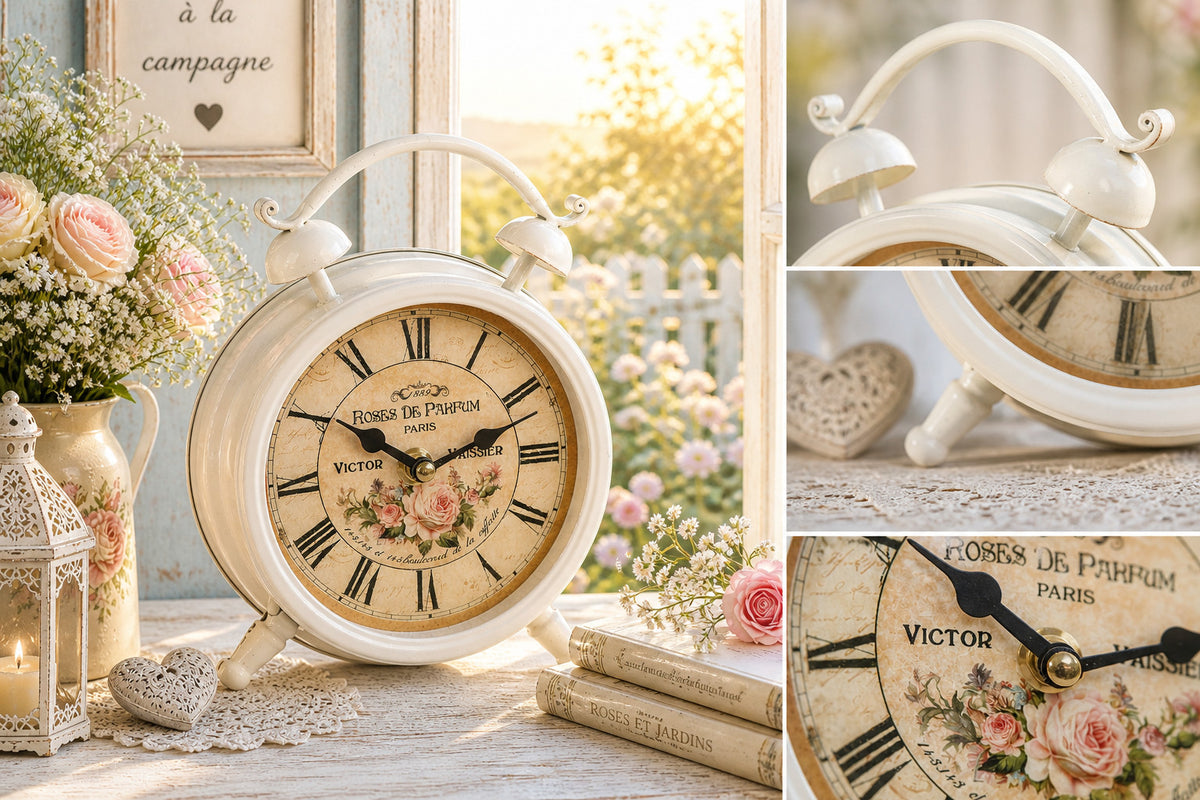 Vintage Tischuhr Weckerdesign Antikweiß Shabby Chic Landhaus Deko Uhr Standuhr