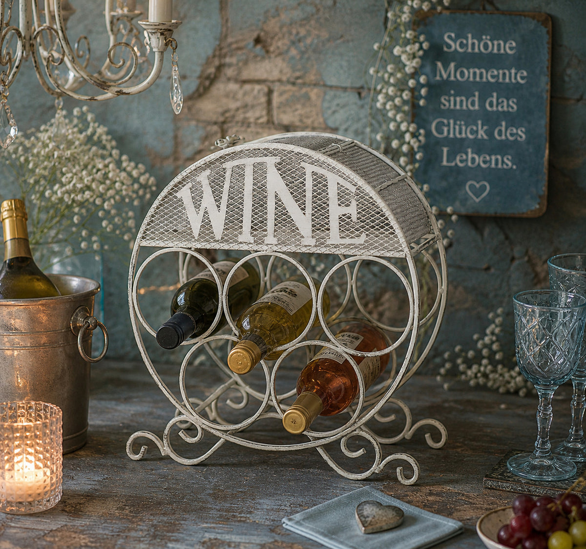 Elegantes Weinregal Antikweiß Shabby Chic Landhaus 5 Flaschen Aufbewahren NEU