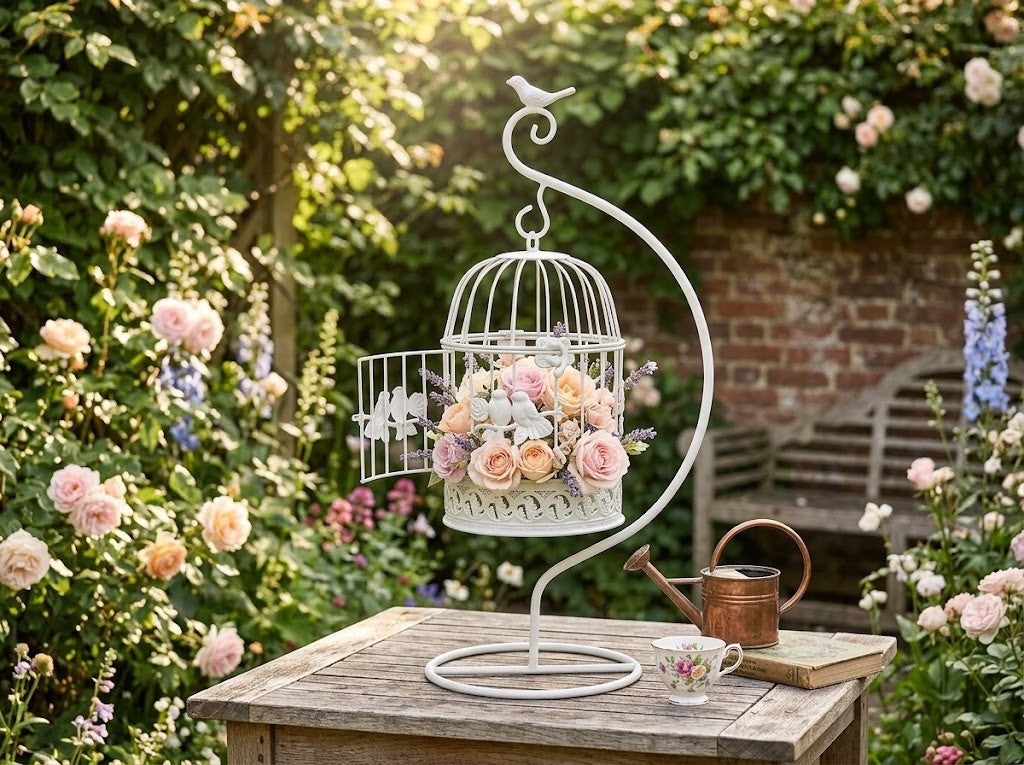 Vogelkäfig Vintage Deko  weiß Metall Dekokäfig  f.Blumendeko hängend Stände