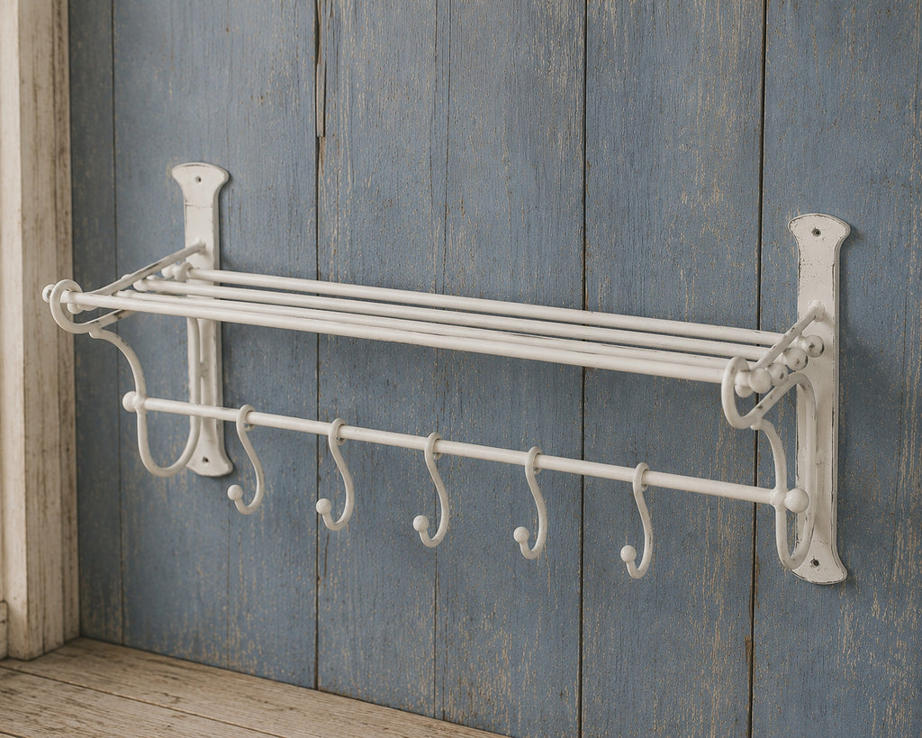 Wandgarderobe Antikweiß Eisen Landhausstil Vintage mit 5 Haken Regal Geschenkide