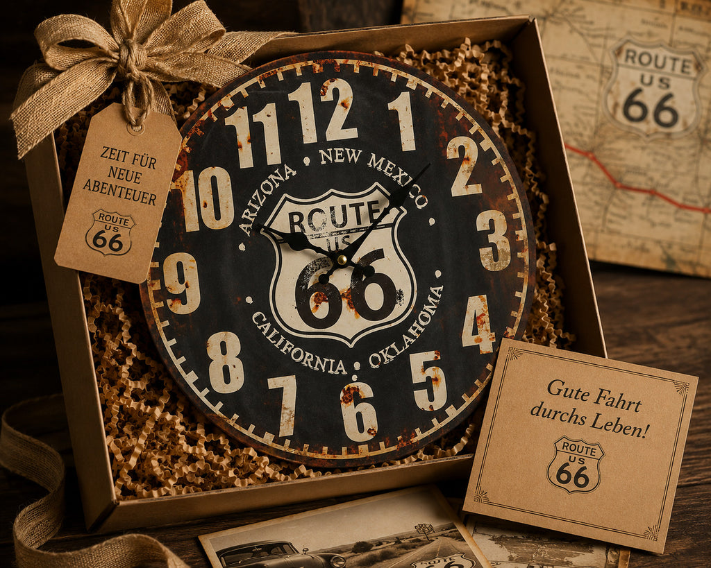 Route 66 Wanduhr 28 cm Vintage Retro Industrial Quarz Motorrad Garage USA Deko