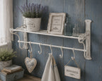 Wandgarderobe Antikweiß Eisen Landhausstil Vintage mit 5 Haken Regal Geschenkide