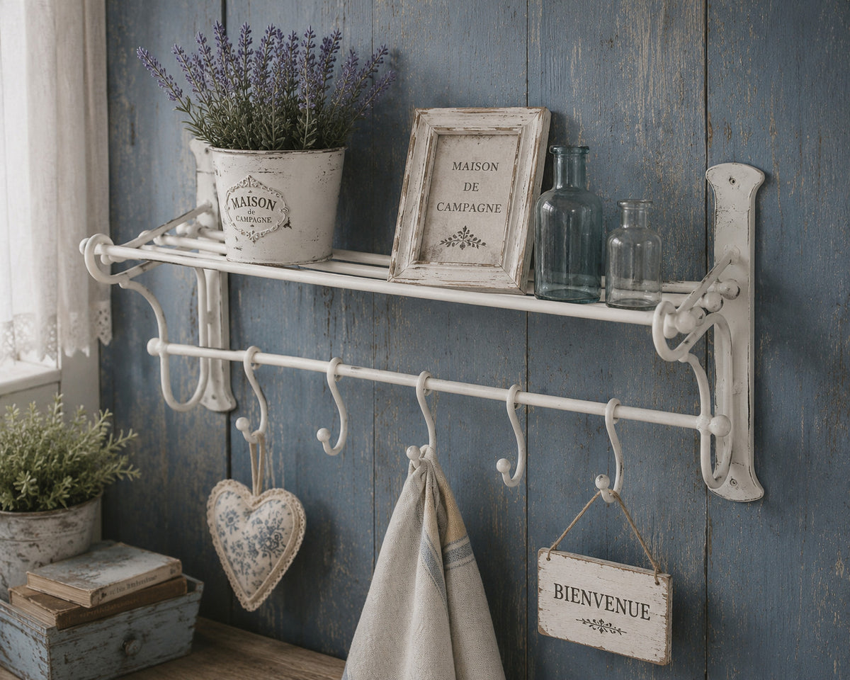 Wandgarderobe Antikweiß Eisen Landhausstil Vintage mit 5 Haken Regal Geschenkide
