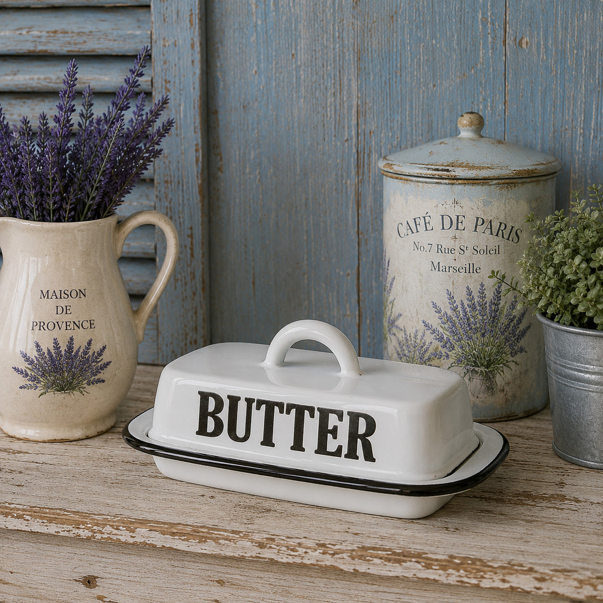 Butterdose Emaille antikweiß Landhausstil Vintage Shabby Chic für 250g Butter