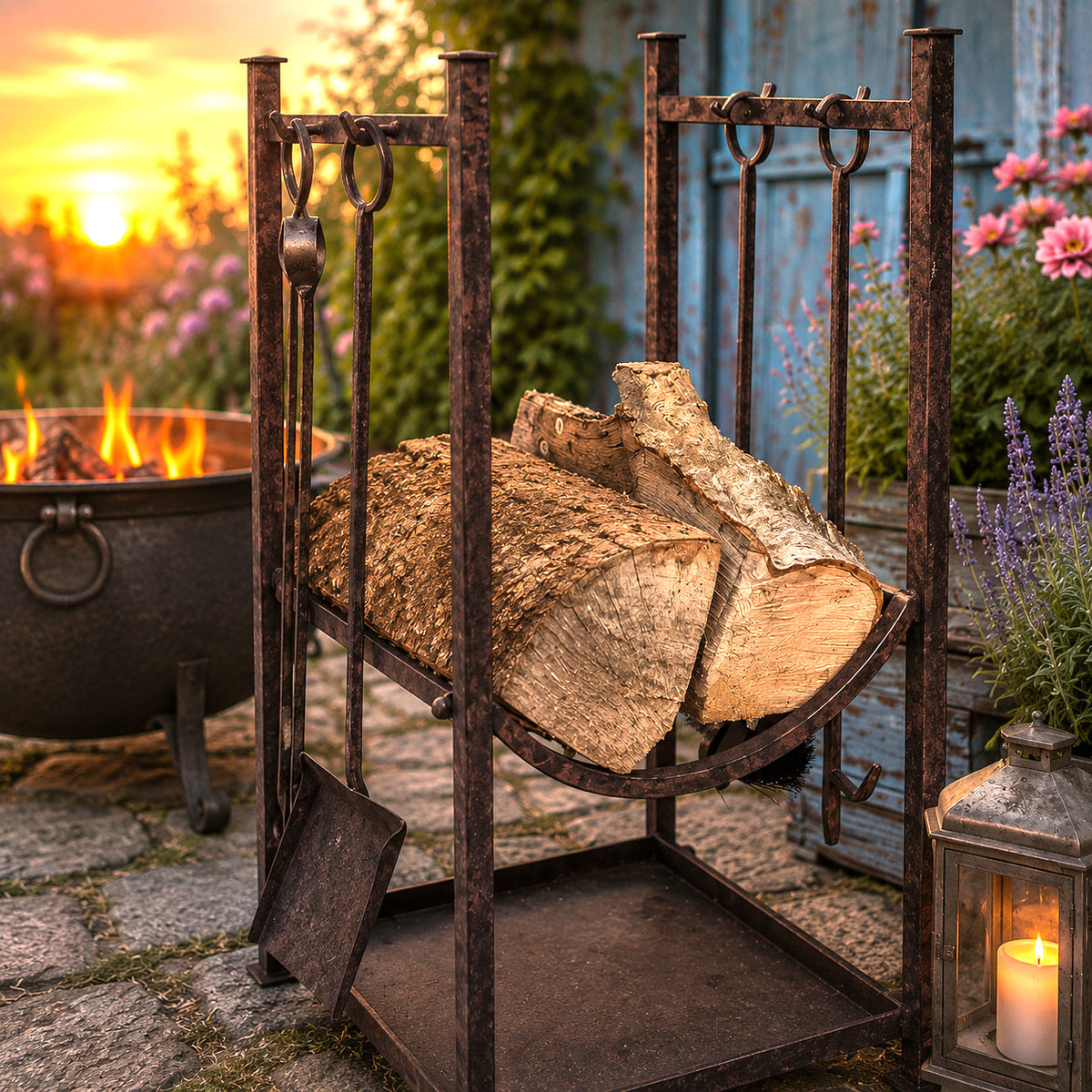 Kaminset für Holz in Antikbraun (H)75 cm, Geschenk Nostalgie Romantik Kaminfeuer