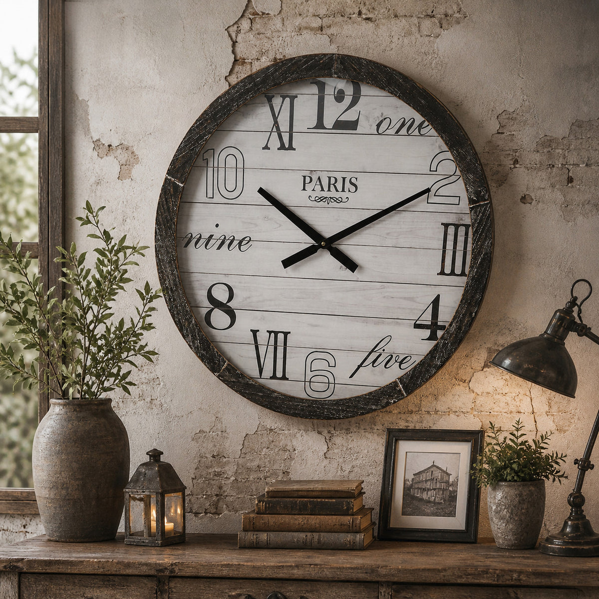 Wanduhr xxl  PARIS Holz Vintage Shabby Nostalgisch Wohnzimmeruhr Loft ø 60cm