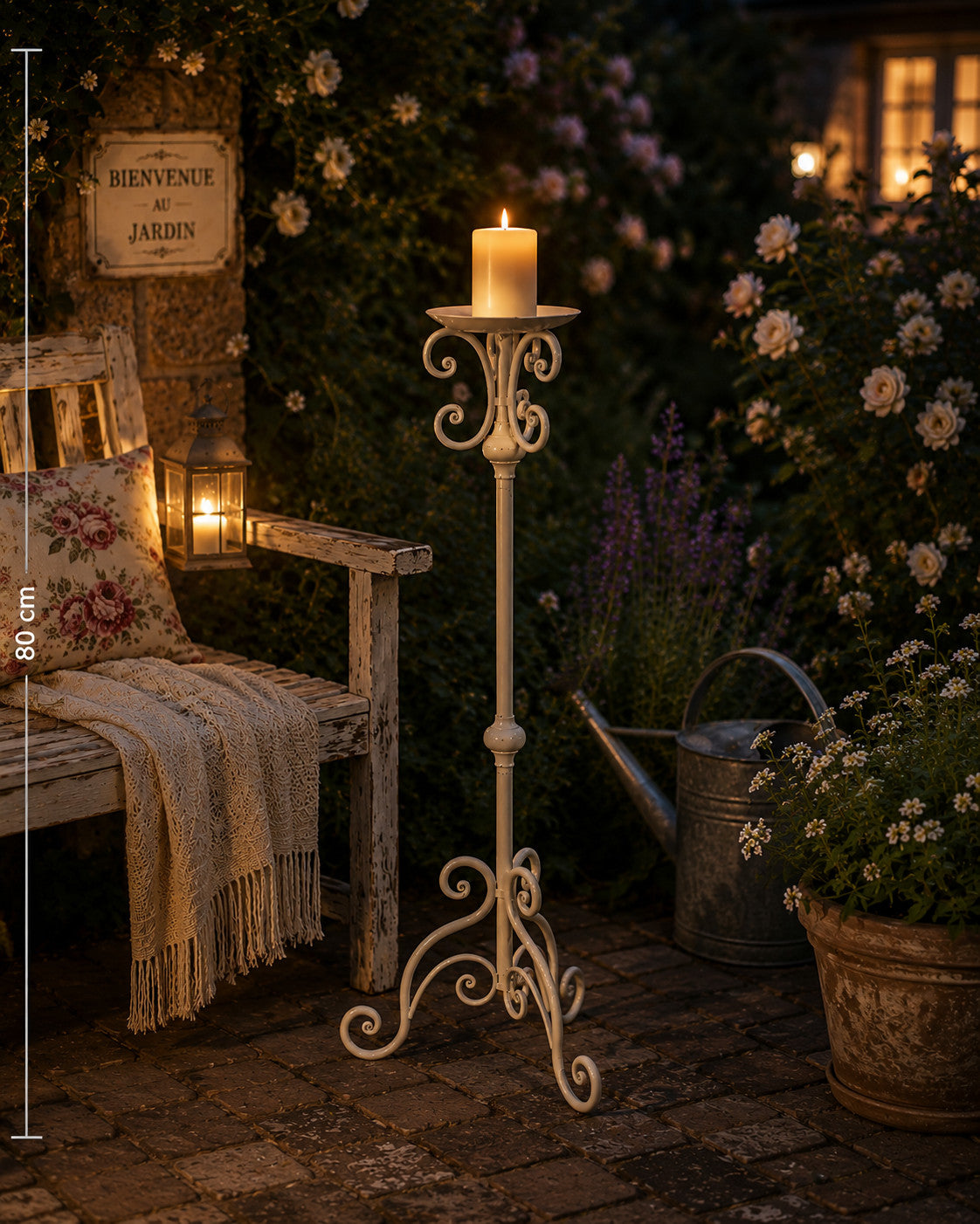 Kerzenständer massiv Eisen 80cm hoch Kerzenhalter nostalgisch Landhausstil weiß