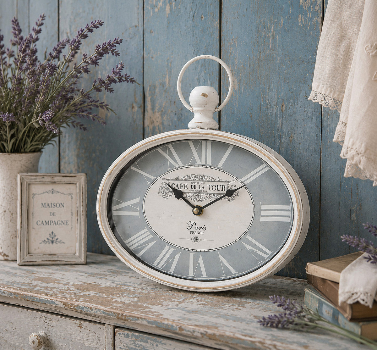 CAFE DE LA TOUR🕰️ Wanduhr Oval Antikweiß Metall Landhaus Vintage Shabby Chic