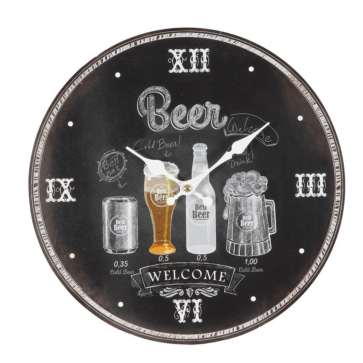 Wanduhr 28cmØ BEER WELCOME Vintage Deko Küchenuhr Bier Pub Bar  Retro stumm Deko