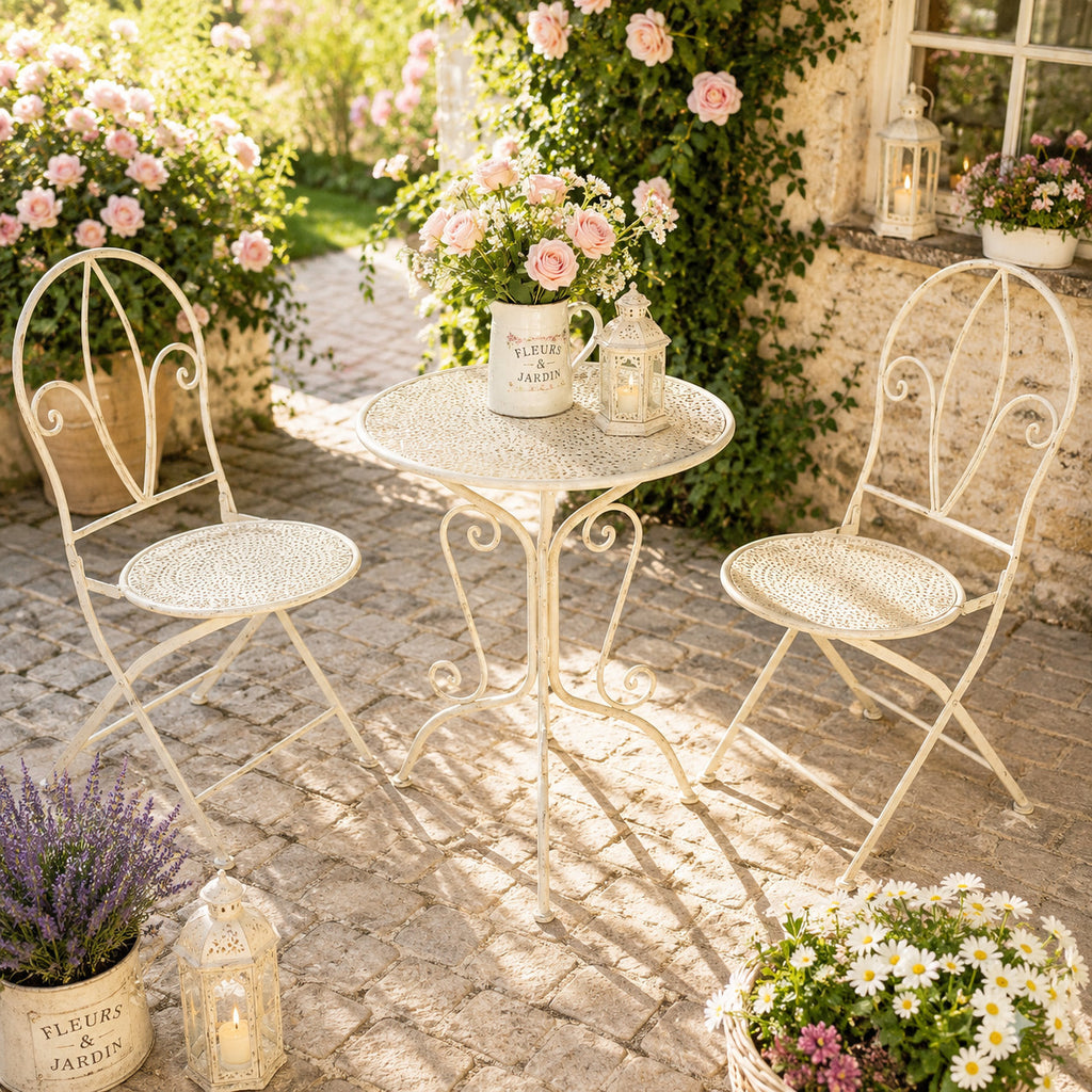 3tlg Tisch & 2 Stühle, Bistro Set Sitzgruppe Metall Landhausstil Garten Balkon