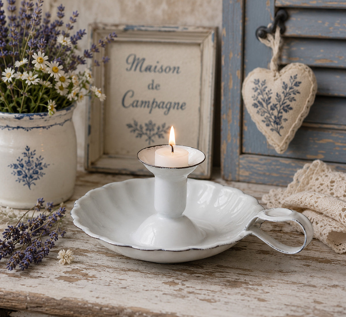 Shabby  Kerzenständer Kerzenhalter Kerzenleuchter Kammerleuchter, Emaille Weiß