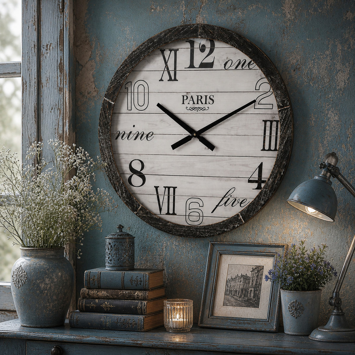 Wanduhr xxl  PARIS Holz Vintage Shabby Nostalgisch Wohnzimmeruhr Loft ø 60cm