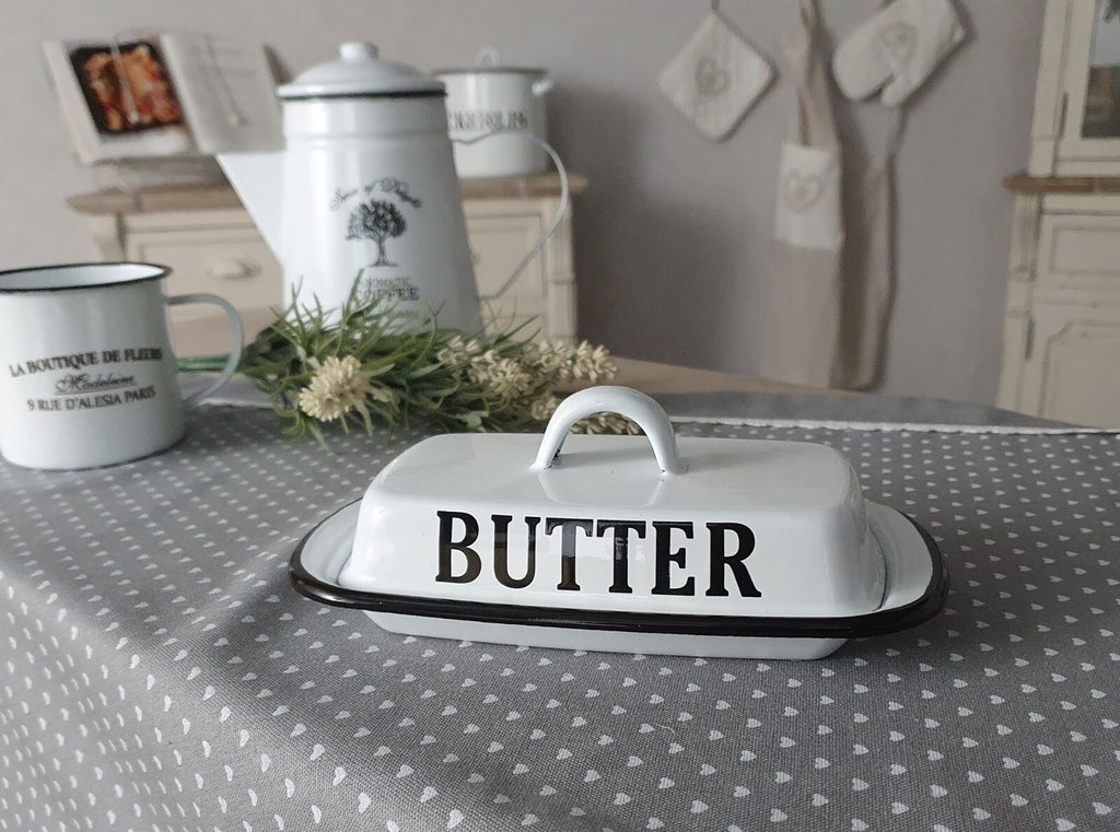 Butterdose Emaille antikweiß Landhausstil Vintage Shabby Chic für 250g Butter