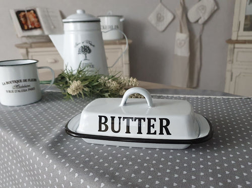 Butterdose Emaille antikweiß Landhausstil Vintage Shabby Chic für 250g Butter