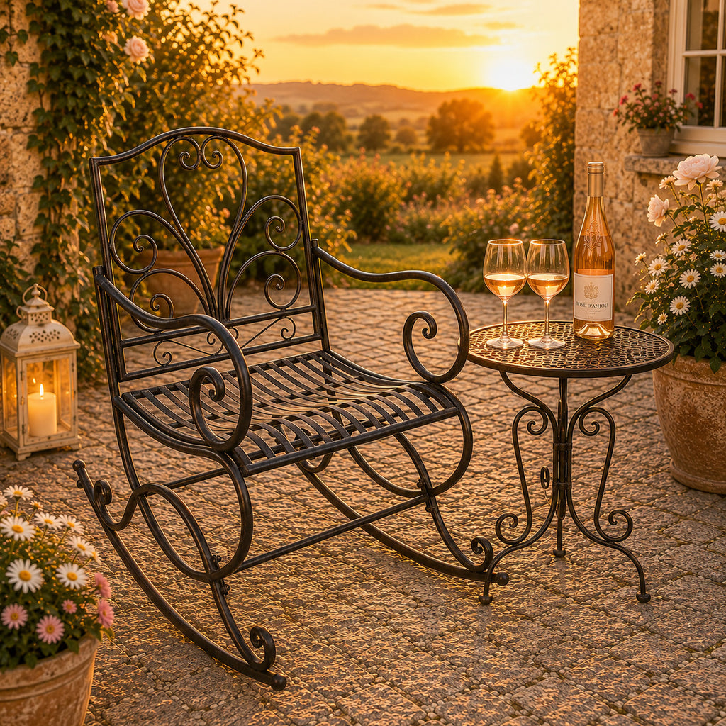 Romantischer Schaukelstuhl Metall Antikweiß Landhaus Garten Terrasse Vintage