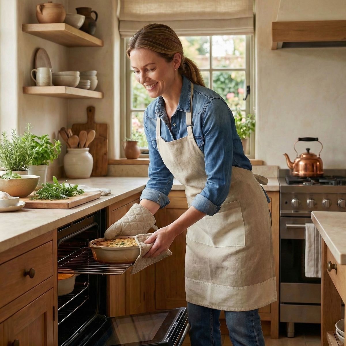 Ambiente Haus Schürze 100% Baumwolle Landhaus Küchenschürze Geschenk 4 Farben