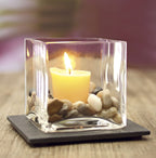 Windlicht Glas Schiefer Untersetzer mit Steinen Kerzenhalter Deko Geschenk 10x10