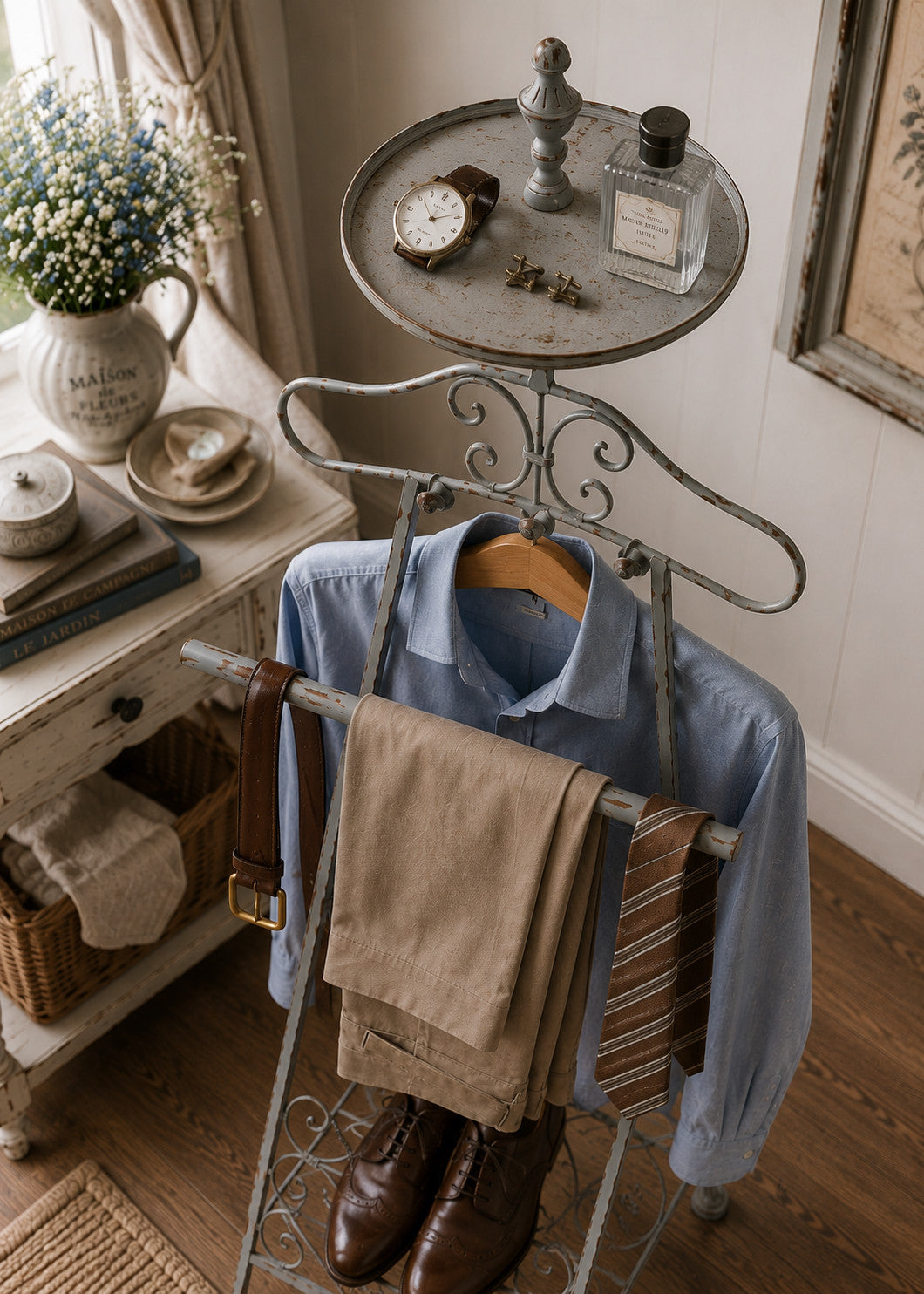 Herrendiener Antikgrau im Landhausstil Metall Kleiderständer Vintage Shabby Chic
