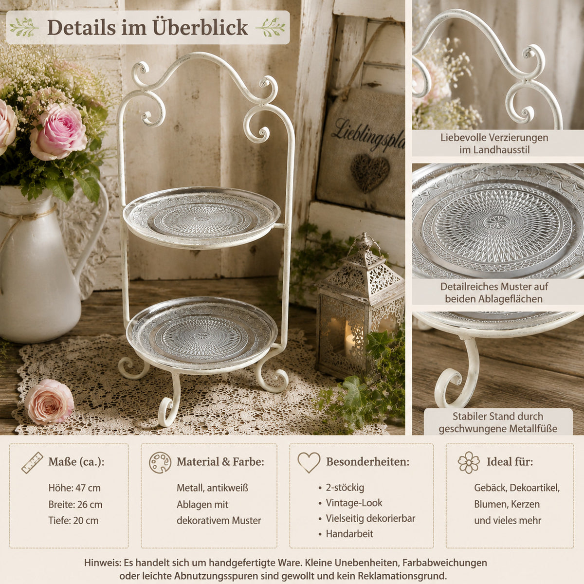2-stöckige ETAGERE Kuchenetagere Schmiedeeisen Vintage Landhaus 53 cm Geschenk