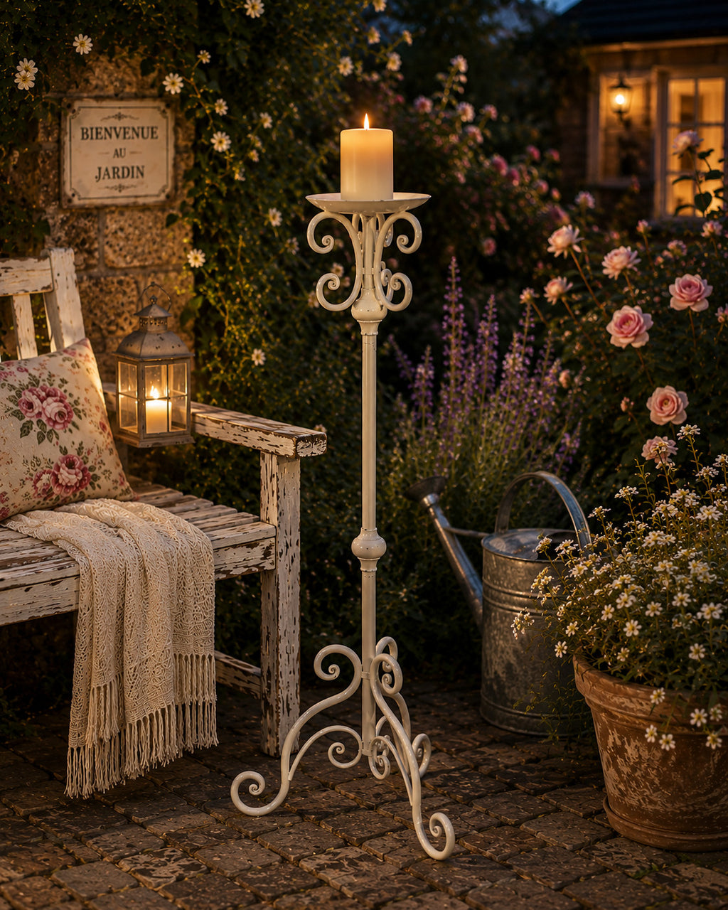 Kerzenständer massiv Eisen 80cm hoch Kerzenhalter nostalgisch Landhausstil weiß