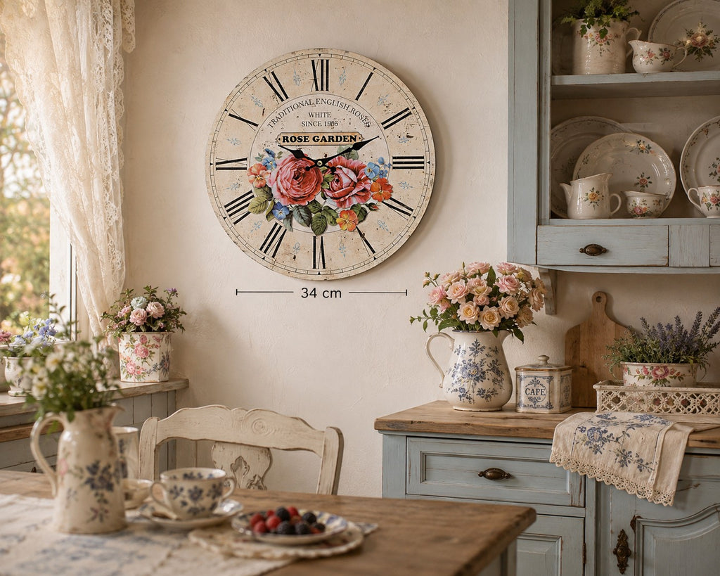 Rose Garden Wanduhr 33 cm MDF Neu Shabby Chic Vintage Look