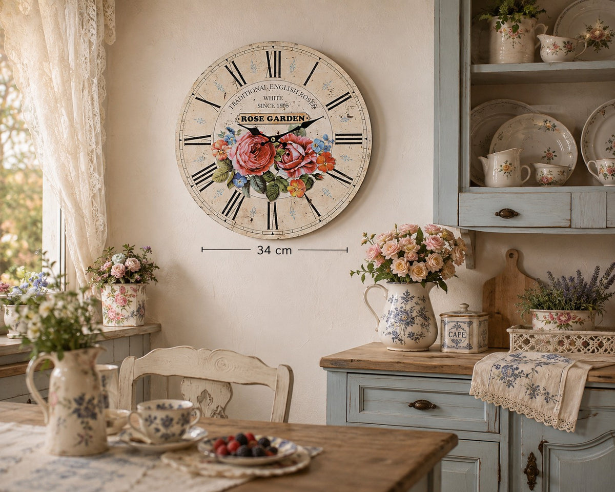 Rose Garden Wanduhr 33 cm MDF Neu Shabby Chic Vintage Look