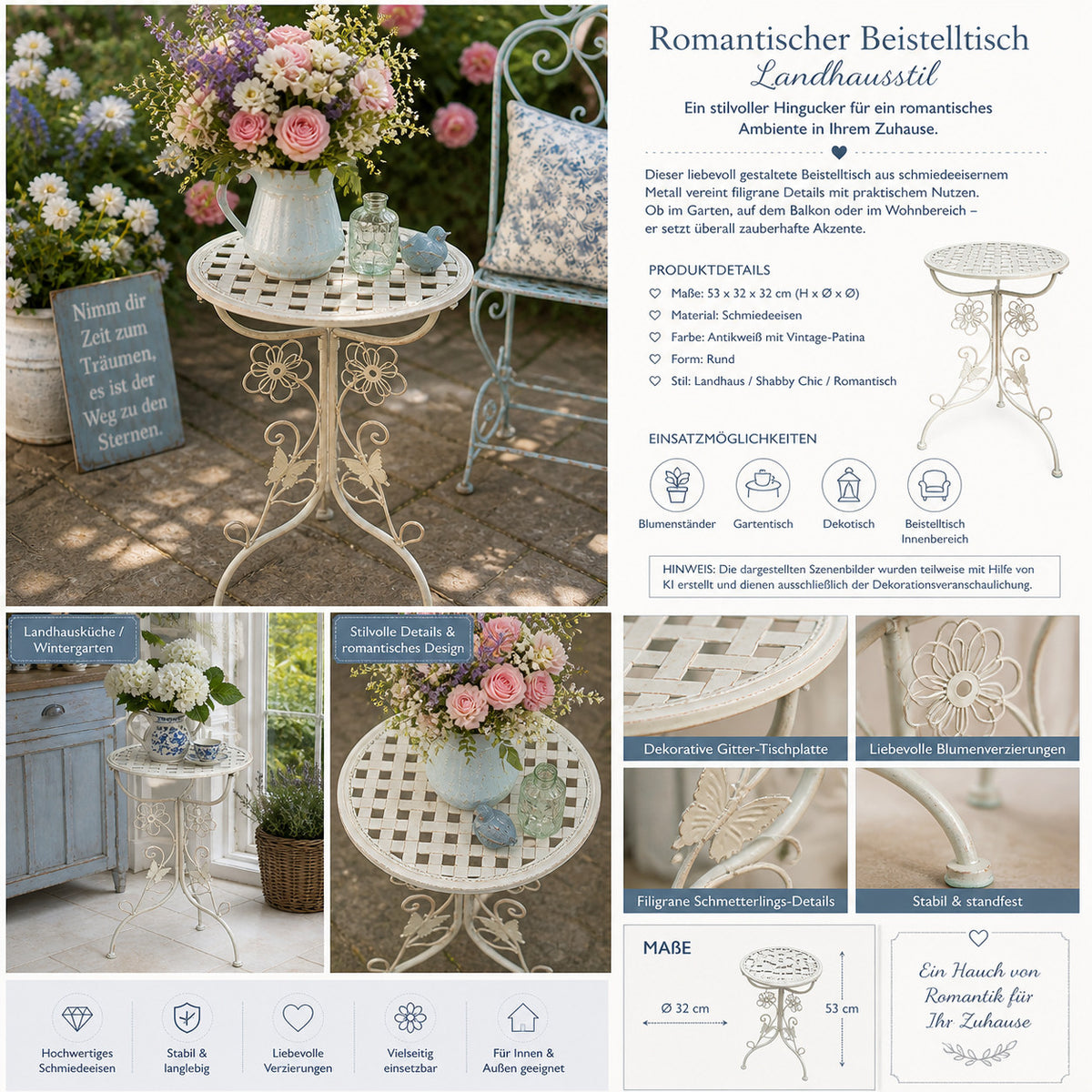 Gartentisch Blumenständer BUTERFLY Blumentisch BEISTELLTISCH Ablage Metall