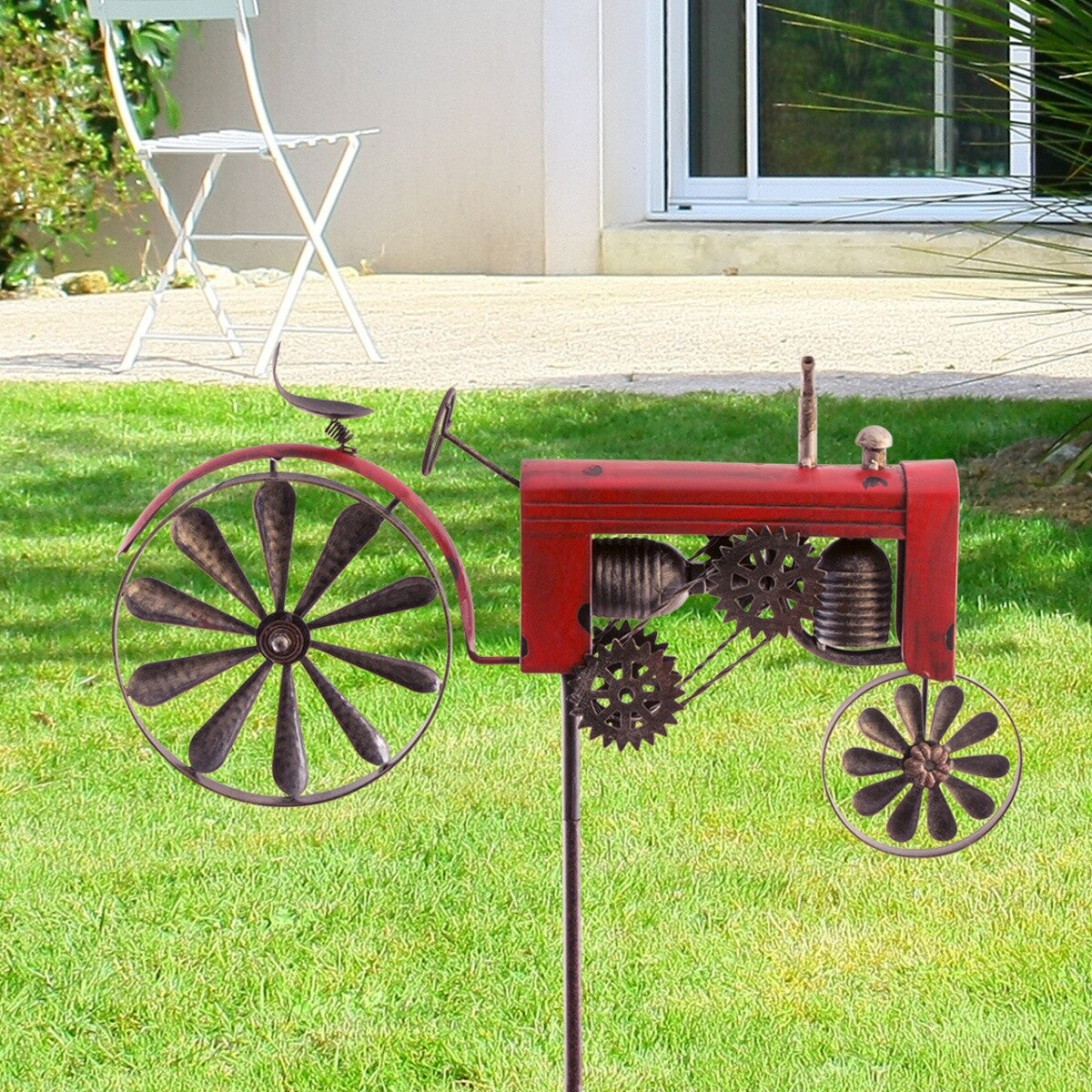 CIM Metall Windrad Traktor Rot Antik-Effekt Gartenstecker Dekoration Vintage