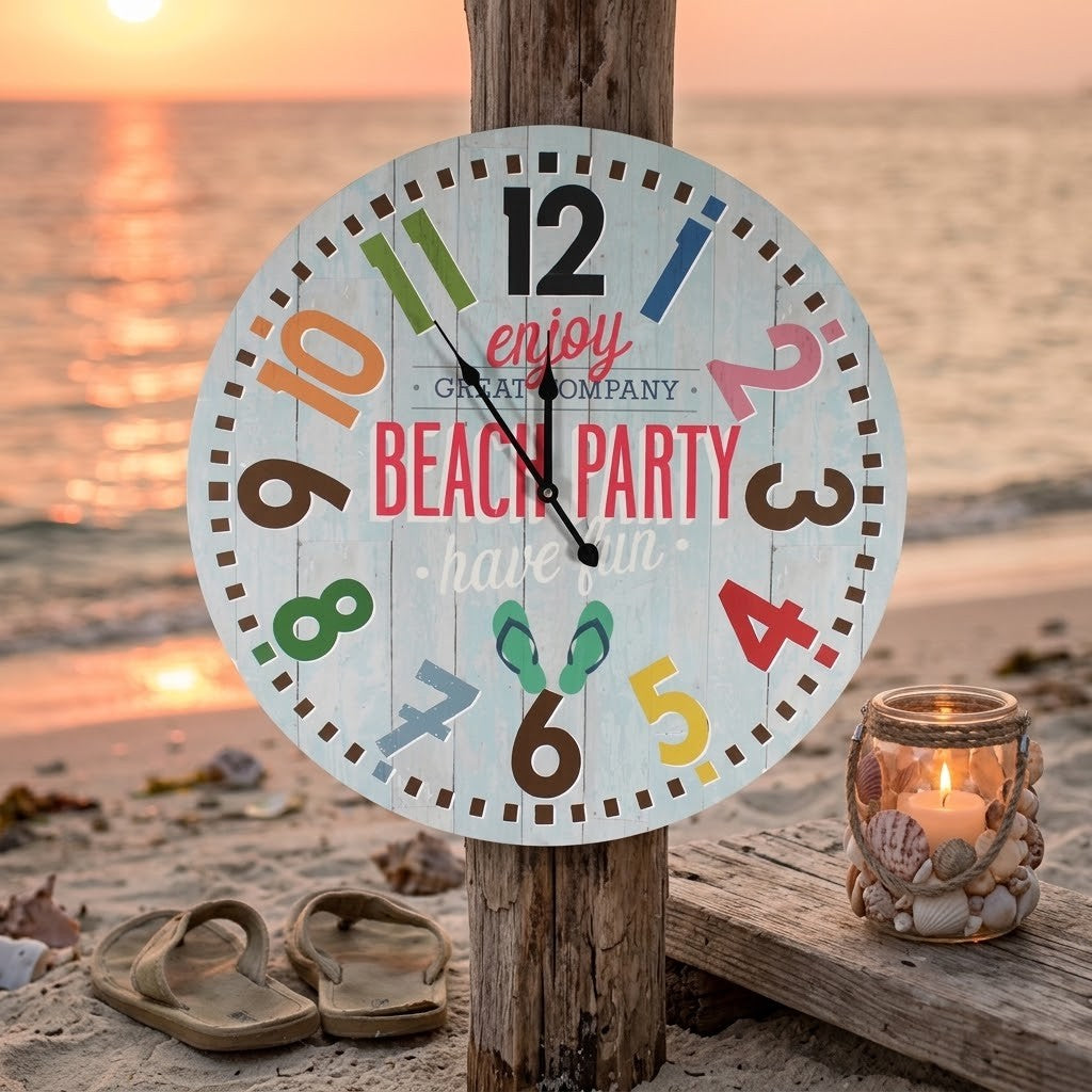 xxl Wanduhr 59 cm Beach Party MDF Neu Shabby Chic Vintage