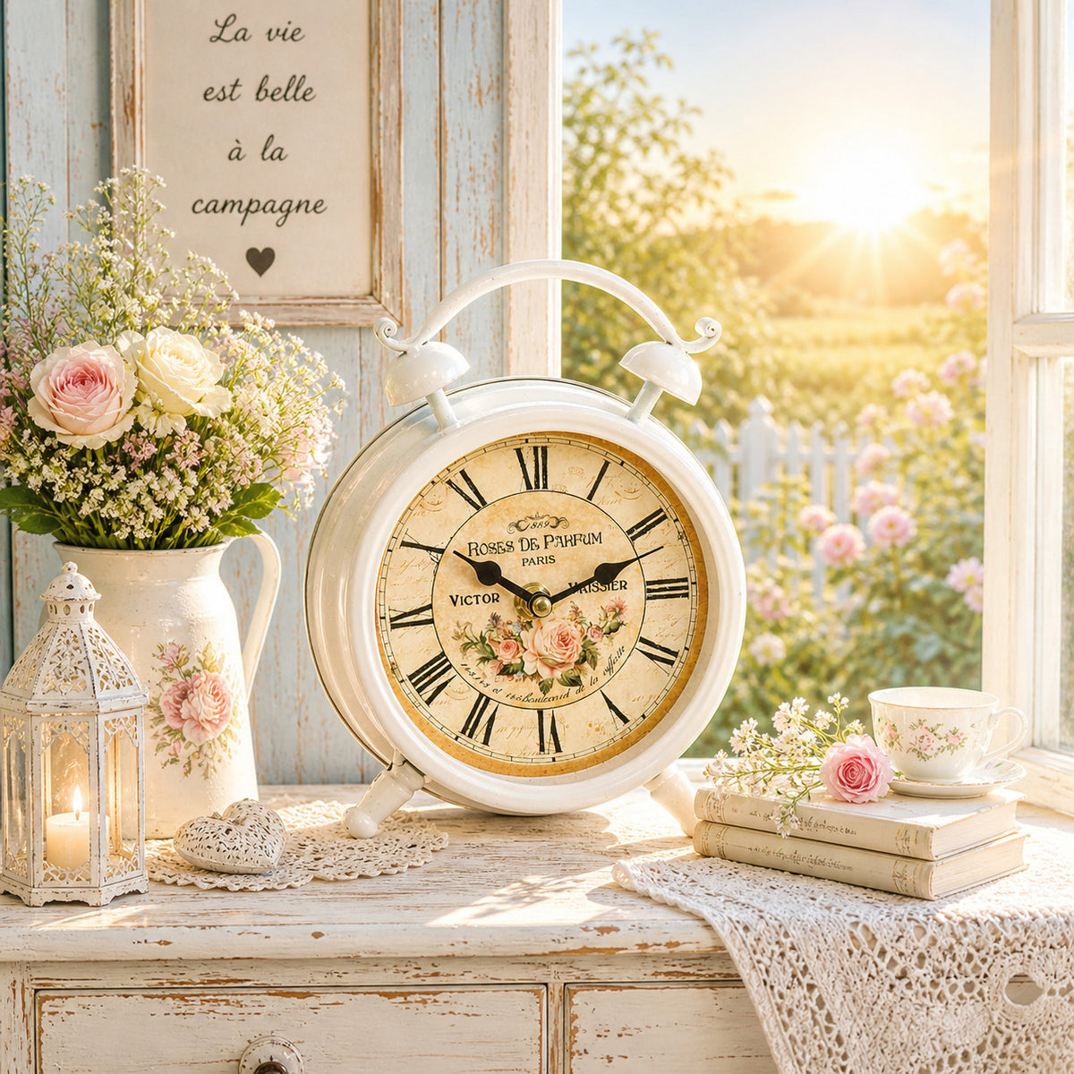 Vintage Tischuhr Weckerdesign Antikweiß Shabby Chic Landhaus Deko Uhr Standuhr