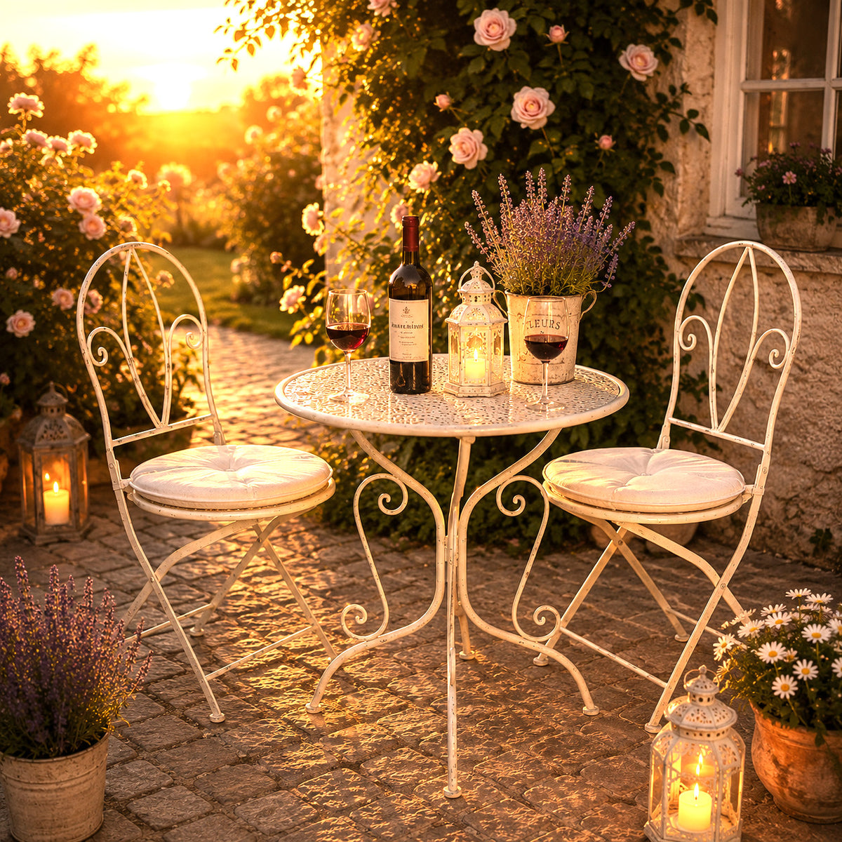 3tlg Tisch & 2 Stühle, Bistro Set Sitzgruppe Metall Landhausstil Garten Balkon