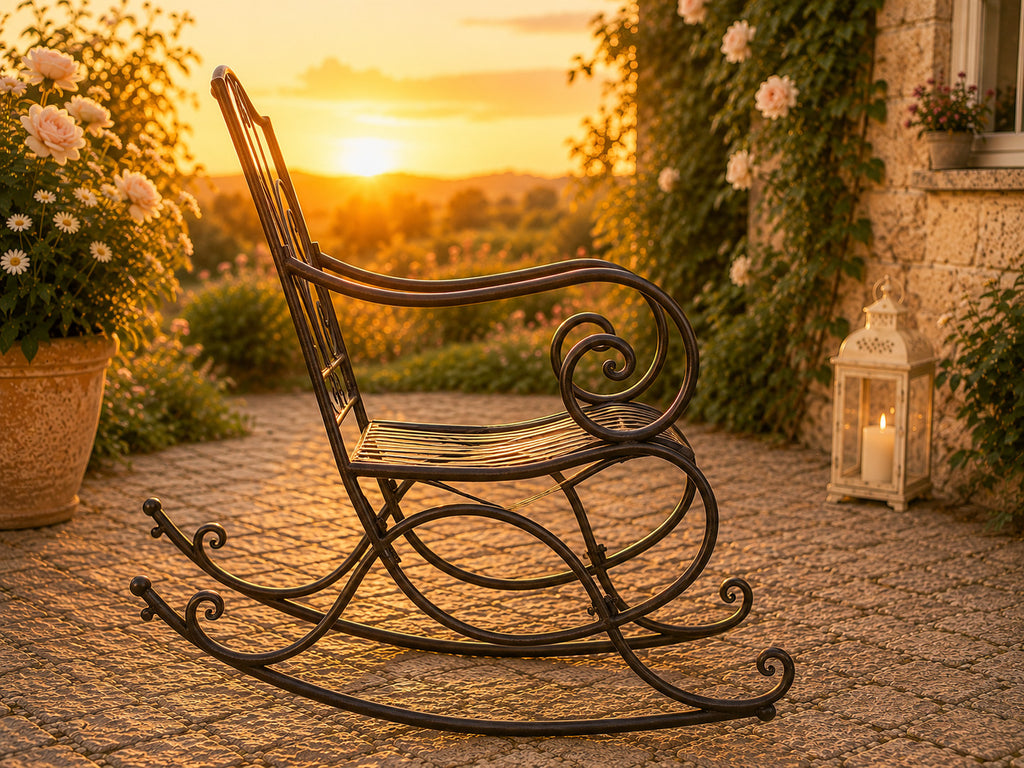 Romantischer Schaukelstuhl Metall Antikweiß Landhaus Garten Terrasse Vintage