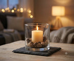 Windlicht Glas Schiefer Untersetzer mit Steinen Kerzenhalter Deko Geschenk 10x10